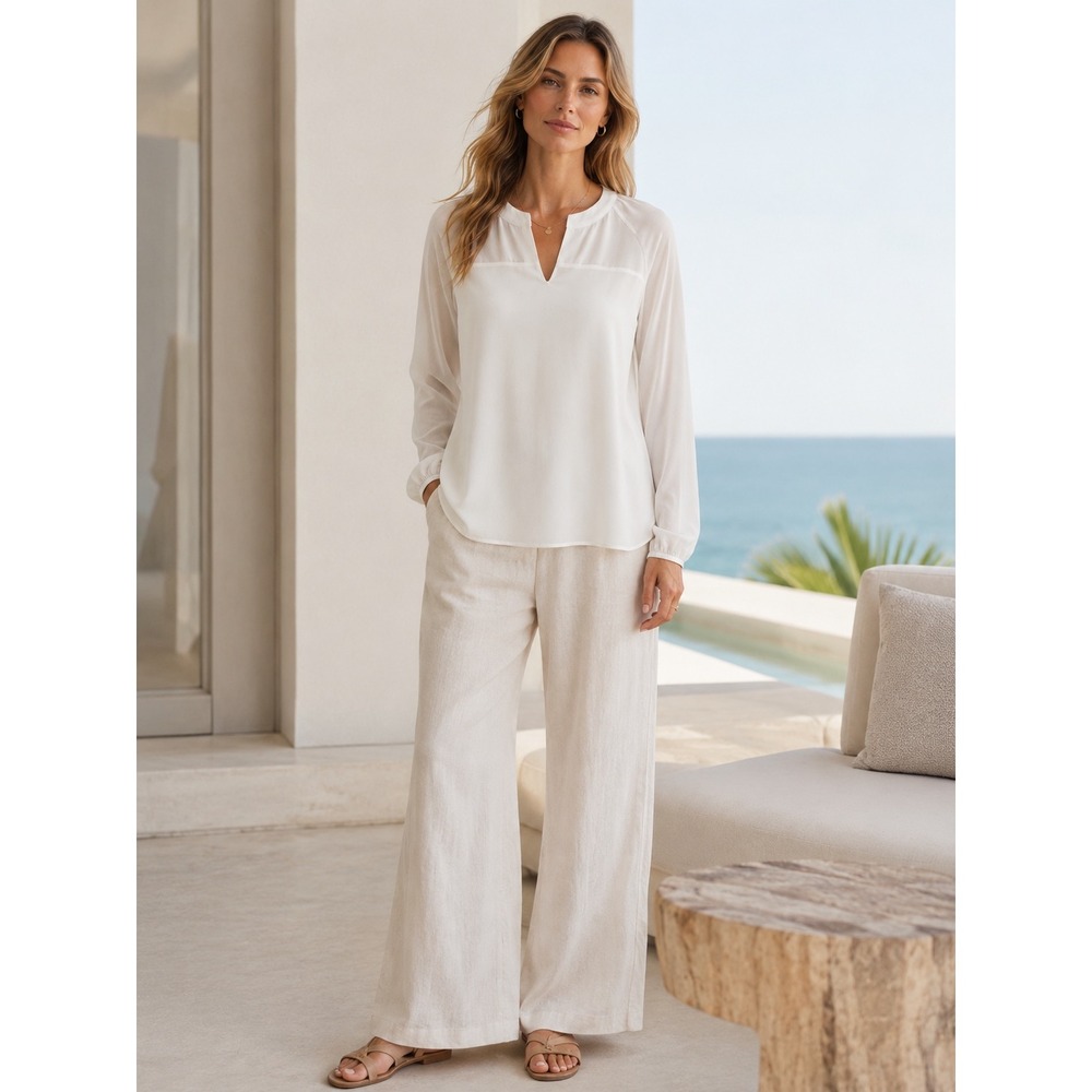 Cabi White Long Sleeve Split Neck Blouse Elegant silk like Luxury Large.